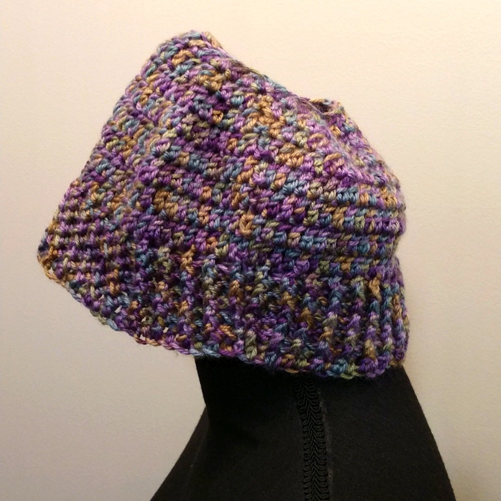 Homemade Women’s Crochet Ponytail Hat Purple & Gold